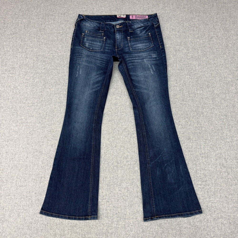 Indigo Rein Flare Jeans Size 11 Dark Wash Blue Distressed Low Rise Stretch Denim